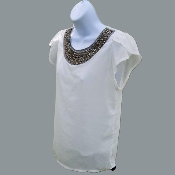 None Tops - Embellished Blouse Neckline Silvertone Beads Ruffled Short Sleeves White Small